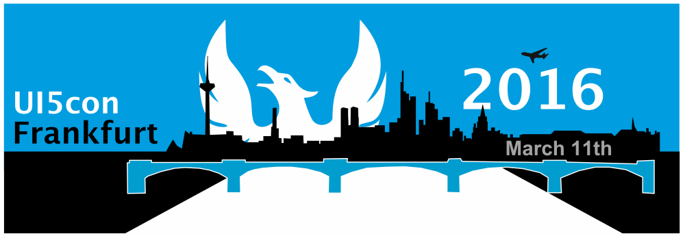 Banner of UI5con Frankfurt showing a bridge in front of a papercut of the city skyline and the phoenix logo behind.